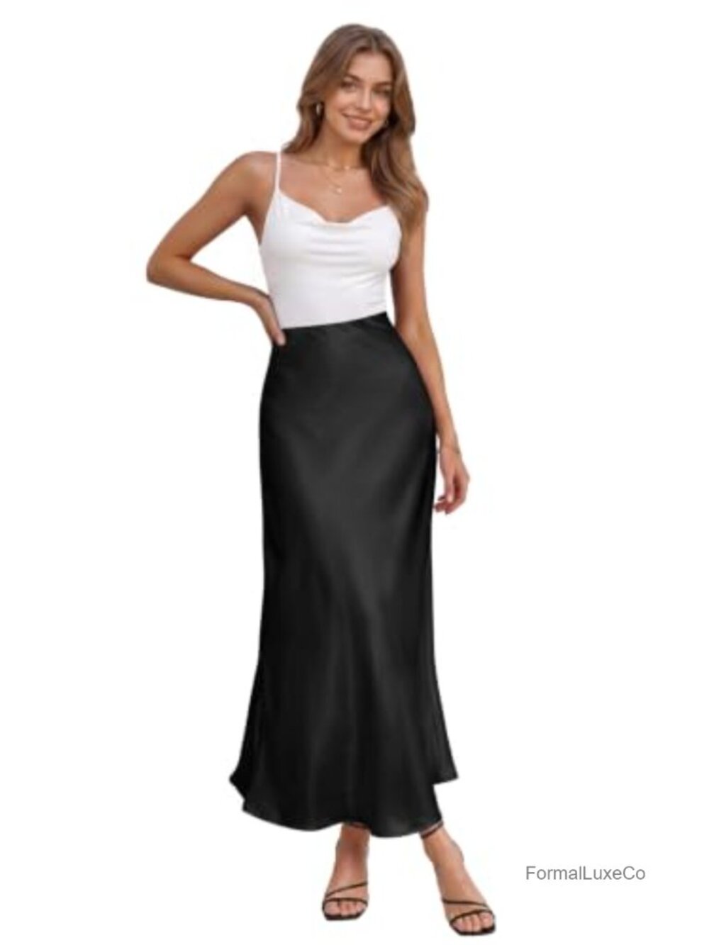 High Waist Satin Maxi Skirt Flowy A-Line Pull On Wear to Work